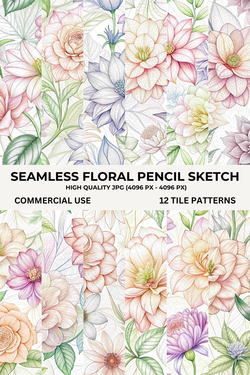 Seamless Floral Pencil Sketch Pattern Bundle pinterest preview image.