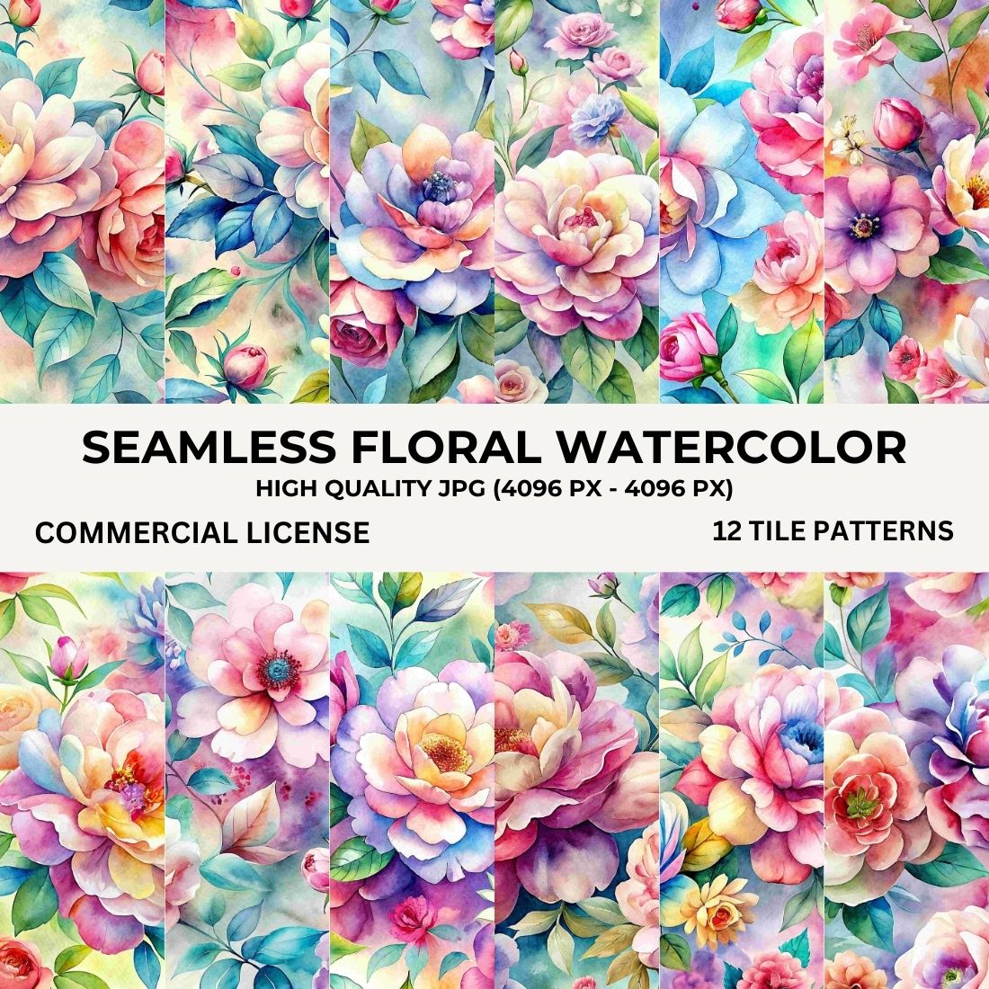 Seamless Floral Watercolor Pattern Bundle: Vibrant Designs for Creative Projects preview image.