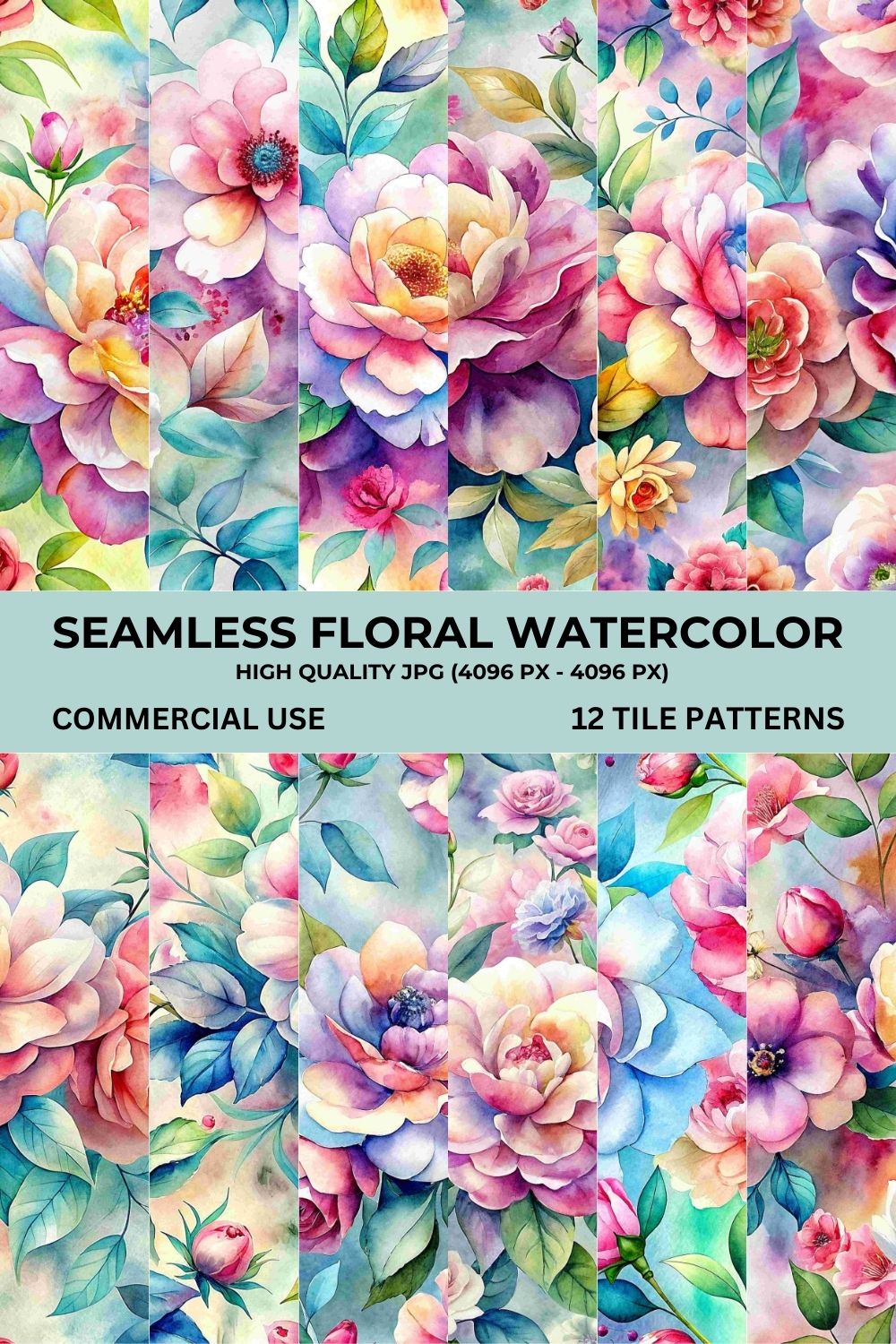 Seamless Floral Watercolor Pattern Bundle: Vibrant Designs for Creative Projects pinterest preview image.