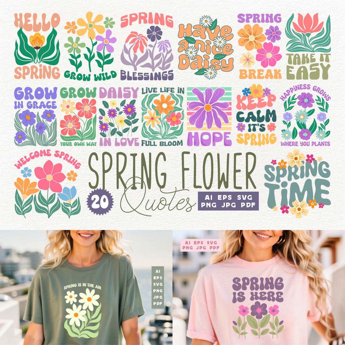 Retro Spring Flowers Quotes SVG PNG T shirt Designs Bundle cover image.