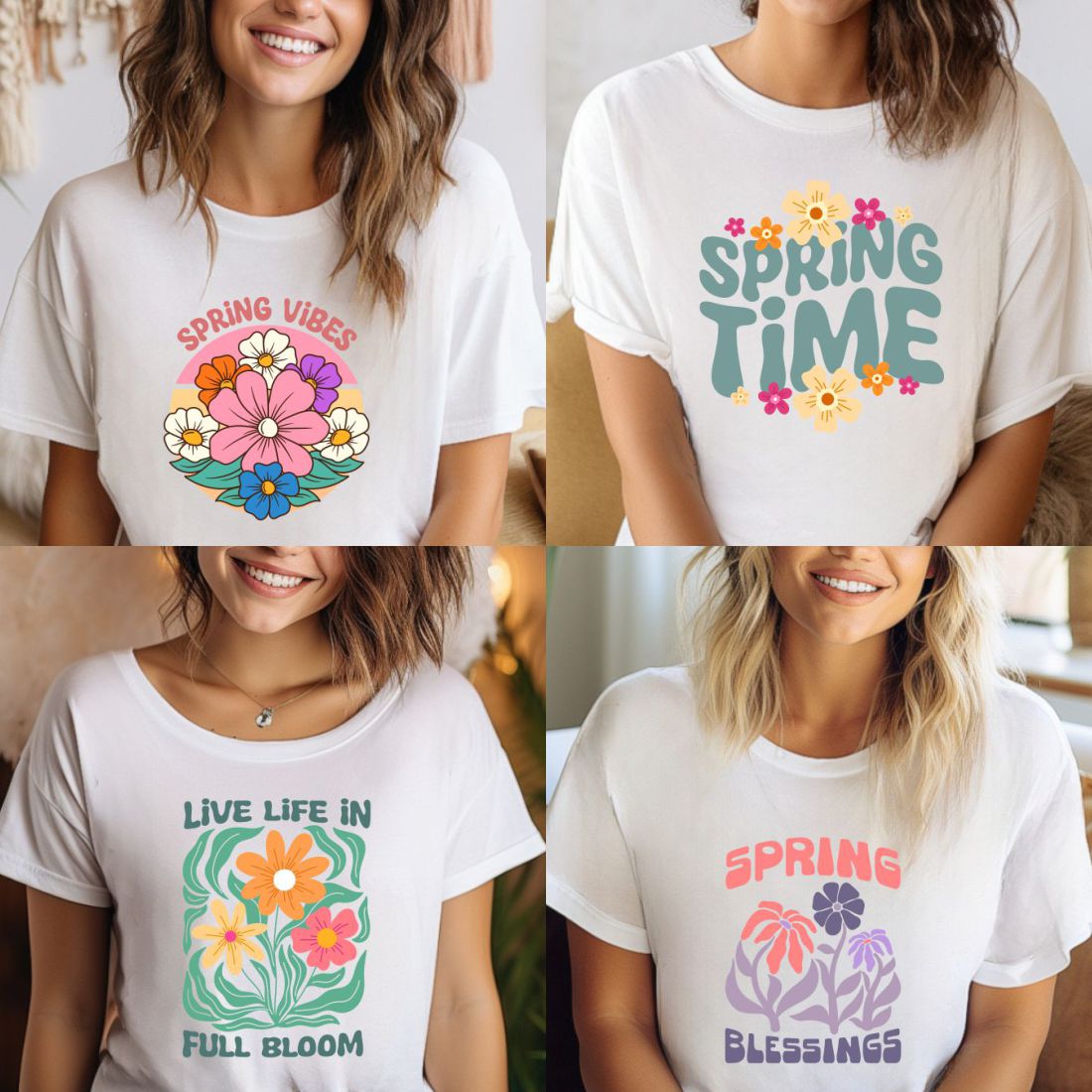 Retro Spring Flowers Quotes SVG PNG T shirt Designs Bundle preview image.