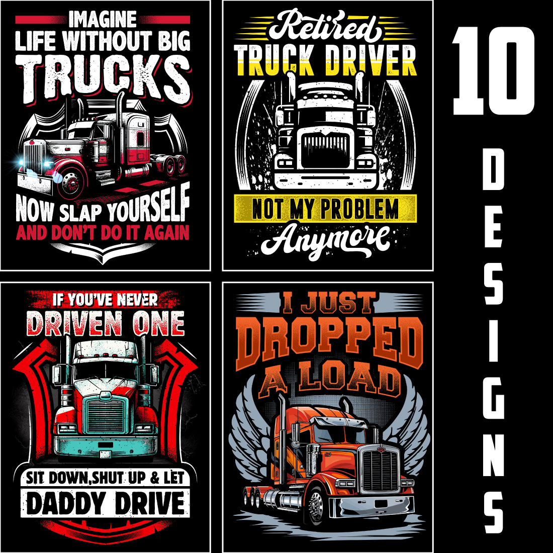 10 best selling truck driver t shirt design bundle cover image.