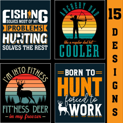 15 Hunting Typography SVG Bundle T-Shirt Design Vector Template cover image.