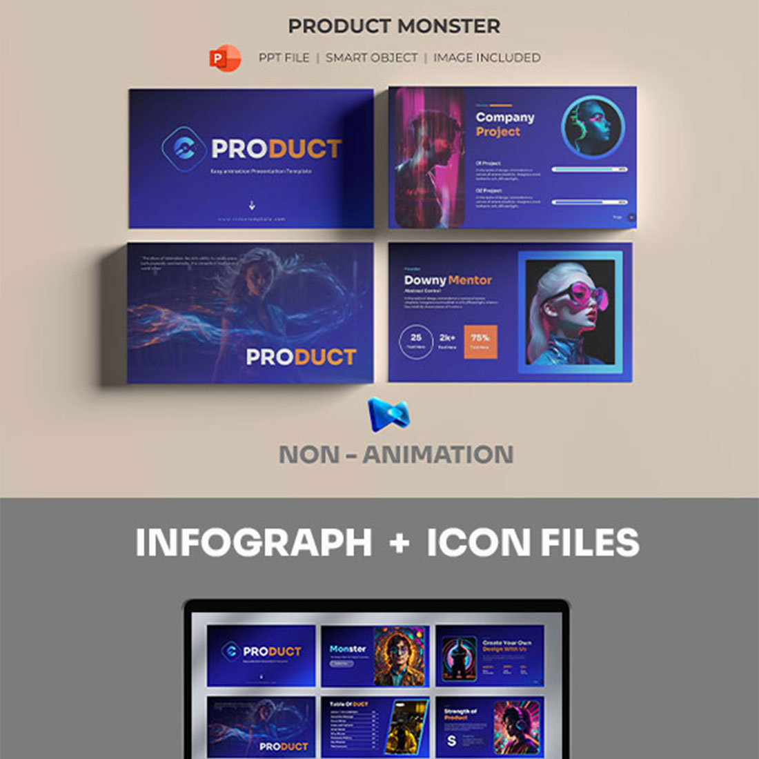 Product Monster PowerPoint Presentation Template cover image.
