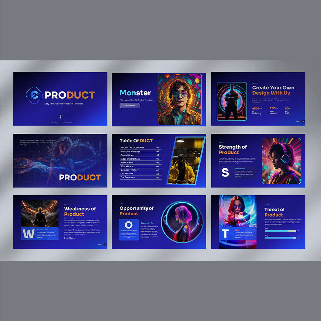 Product Monster PowerPoint Presentation Template preview image.