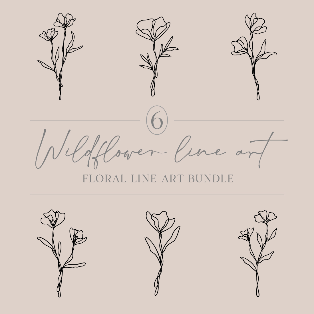 Flower Line Art Bundle | 6 Elegant Wildflowers | Botanical Nature Vector Illustration Set cover image.