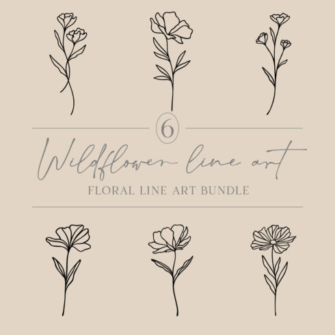Flower Line Art Bundle | 6 Elegant Wildflowers | Botanical Floral Vector Illustration Set | Leafy Garden Designs cover image.