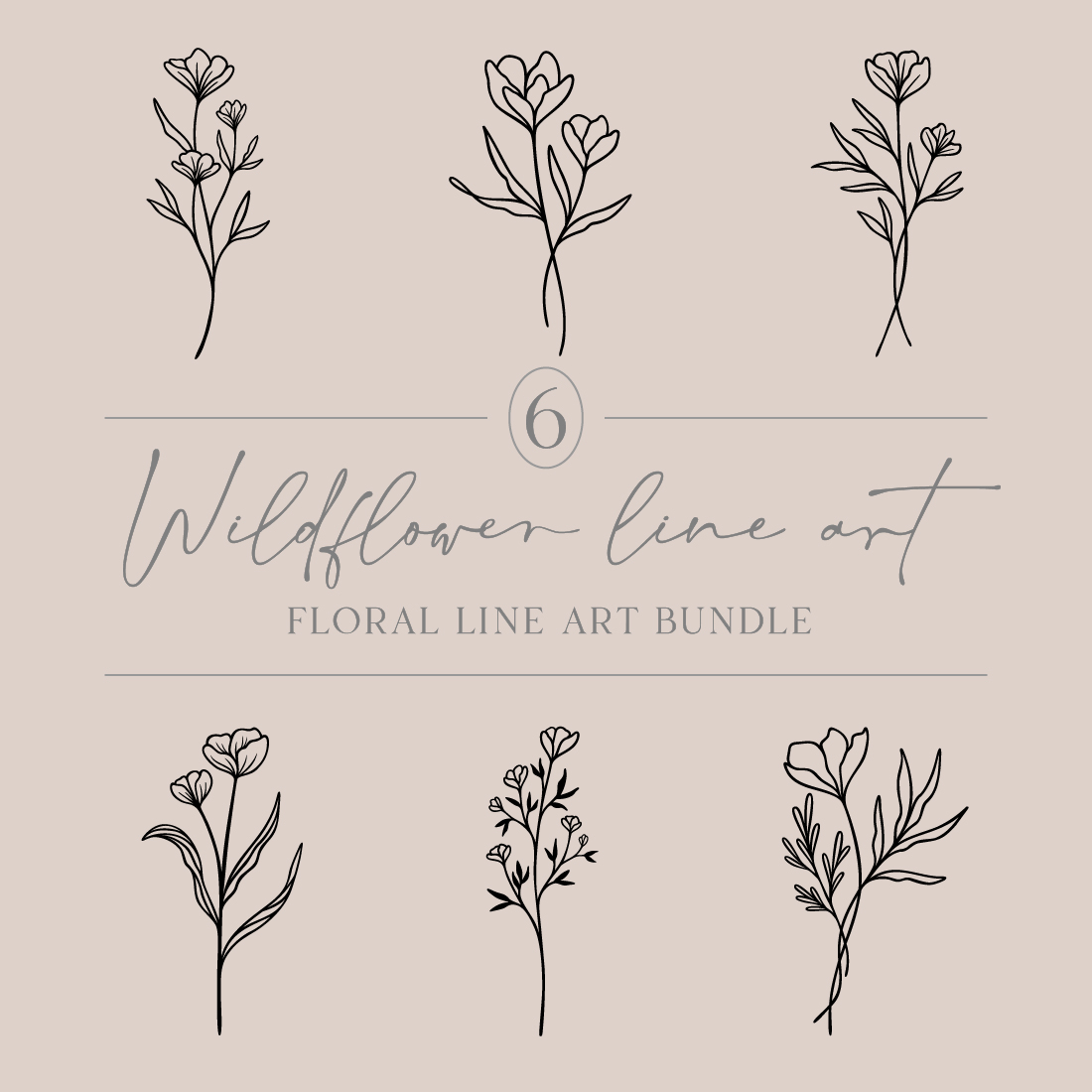 Flower Line Art Bundle | 6 Elegant Wildflowers | Botanical Floral Vector Illustration Set | Leafy Garden Plant Designs cover image.