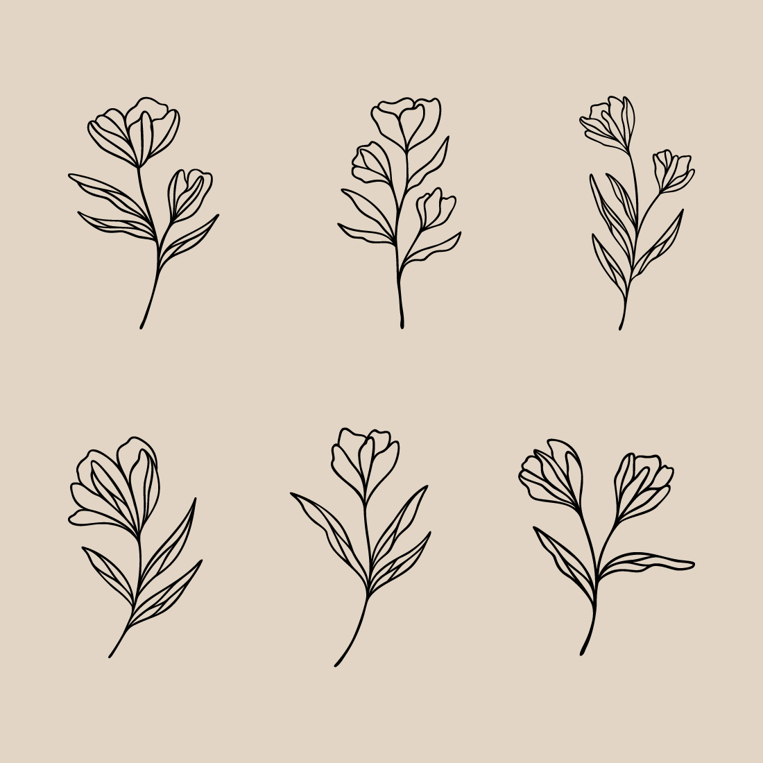 Flower Line Art Bundle | 6 Elegant Wildflowers | Botanical Floral Vector Illustration Set | Leafy Garden Designs preview image.