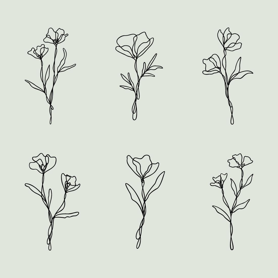 Flower Line Art Bundle | 6 Elegant Wildflowers | Botanical Nature Vector Illustration Set preview image.