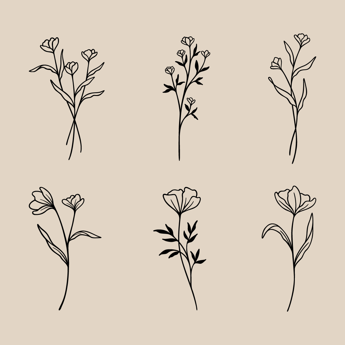 Flower Line Art Bundle | 6 Elegant Wildflowers | Botanical Floral Vector Illustration Set | Leafy Garden Plant Designs preview image.