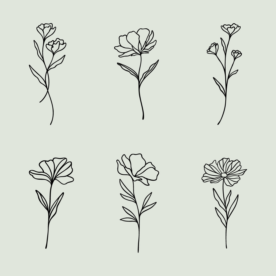Flower Line Art Bundle | 6 Elegant Wildflowers | Botanical Floral Vector Illustration Set | Leafy Garden Designs preview image.