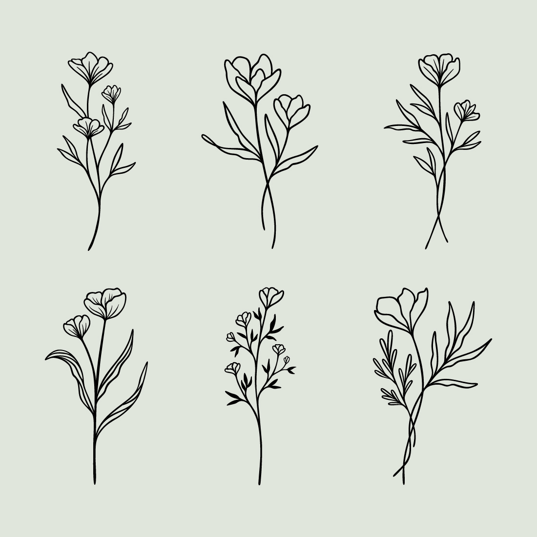 Flower Line Art Bundle | 6 Elegant Wildflowers | Botanical Floral Vector Illustration Set | Leafy Garden Plant Designs preview image.