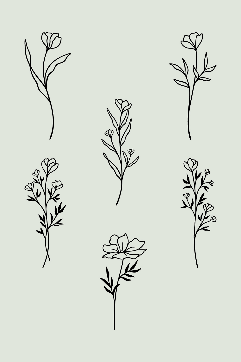 Flower Line Art Bundle | 6 Elegant Wildflowers | Botanical Floral Vector Illustration Set | Leafy Garden Plant Designs pinterest preview image.