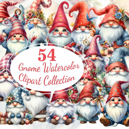 Cute Watercolor Gnome 54 PNG Clipart Collection cover image.