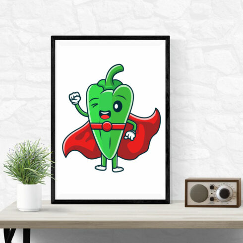 Cute green chili super hero cartoon characters vector icon illustration cover image.