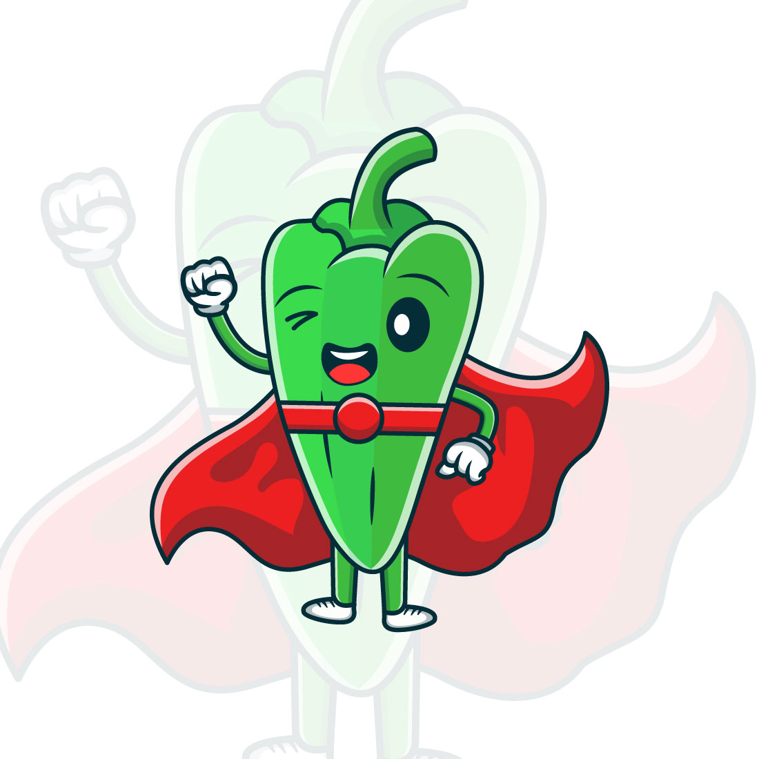 Cute green chili super hero cartoon characters vector icon illustration preview image.