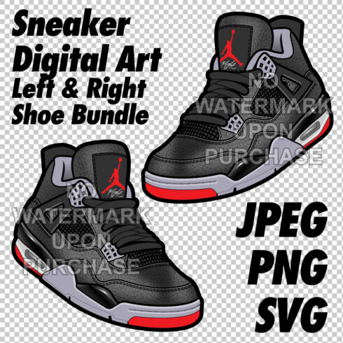 Air Jordan 4 Bred Reimagined JPEG PNG SVG Sneaker Art right & left shoe bundle cover image.