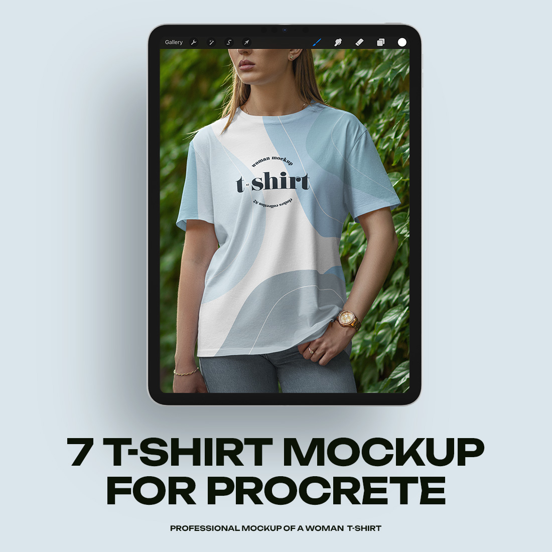 7 Mockups T-Shirt on a Girl Walking in the Green Street for Procreate cover image.