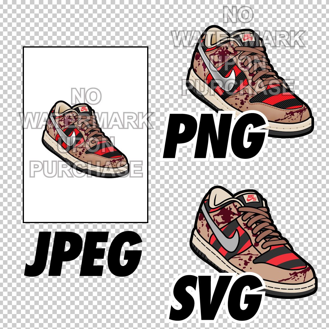 Dunk Low Freddy Krueger JPEG PNG SVG Left & Right bundle Sneaker Art digital download preview image.