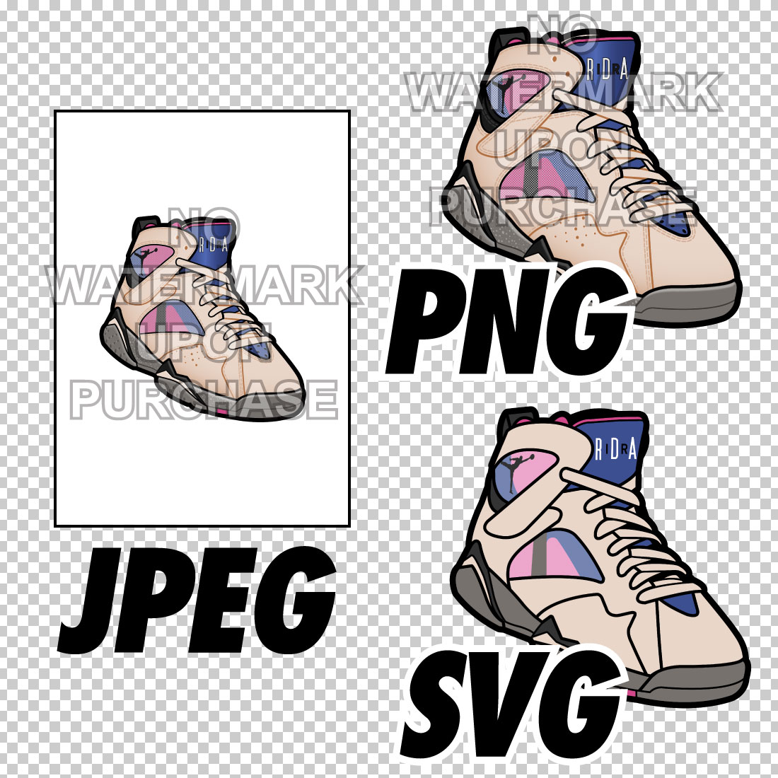 Air Jordan 7 Sapphire JPEG PNG SVG right & left shoe bundle digital download preview image.