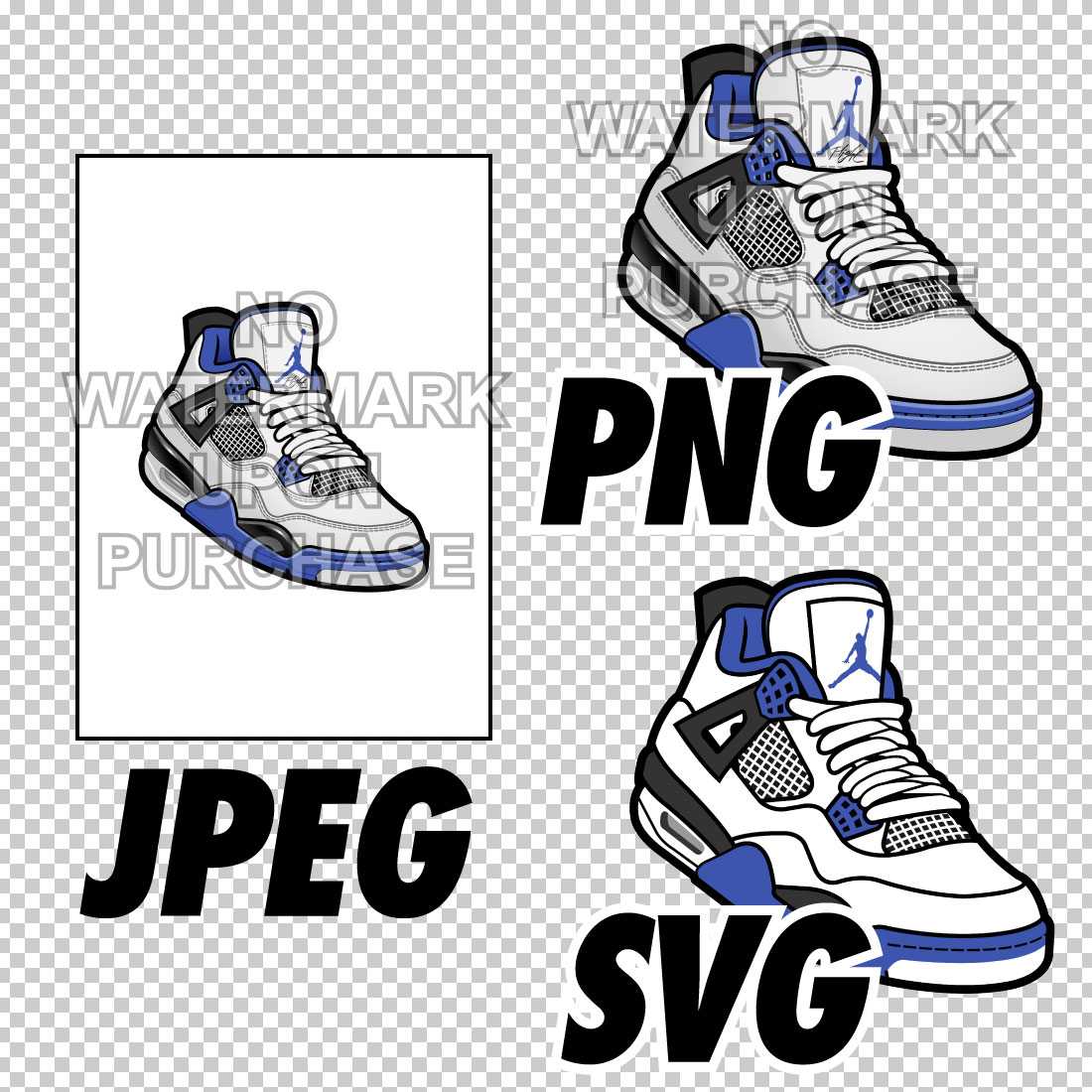 Air Jordan 4 Motorsports JPEG PNG SVG Left & Right shoe bundle digital download preview image.