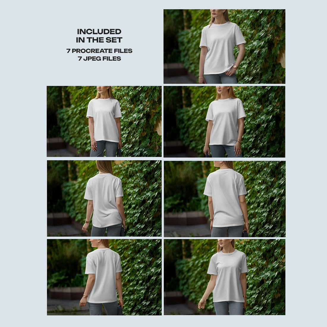 7 Mockups T-Shirt on a Girl Walking in the Green Street for Procreate preview image.