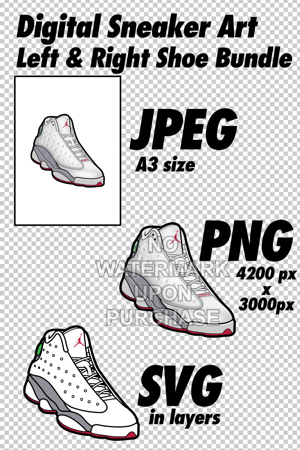 Air Jordan 13 Wolf Grey JPEG PNG SVG right & left shoe bundle pinterest preview image.