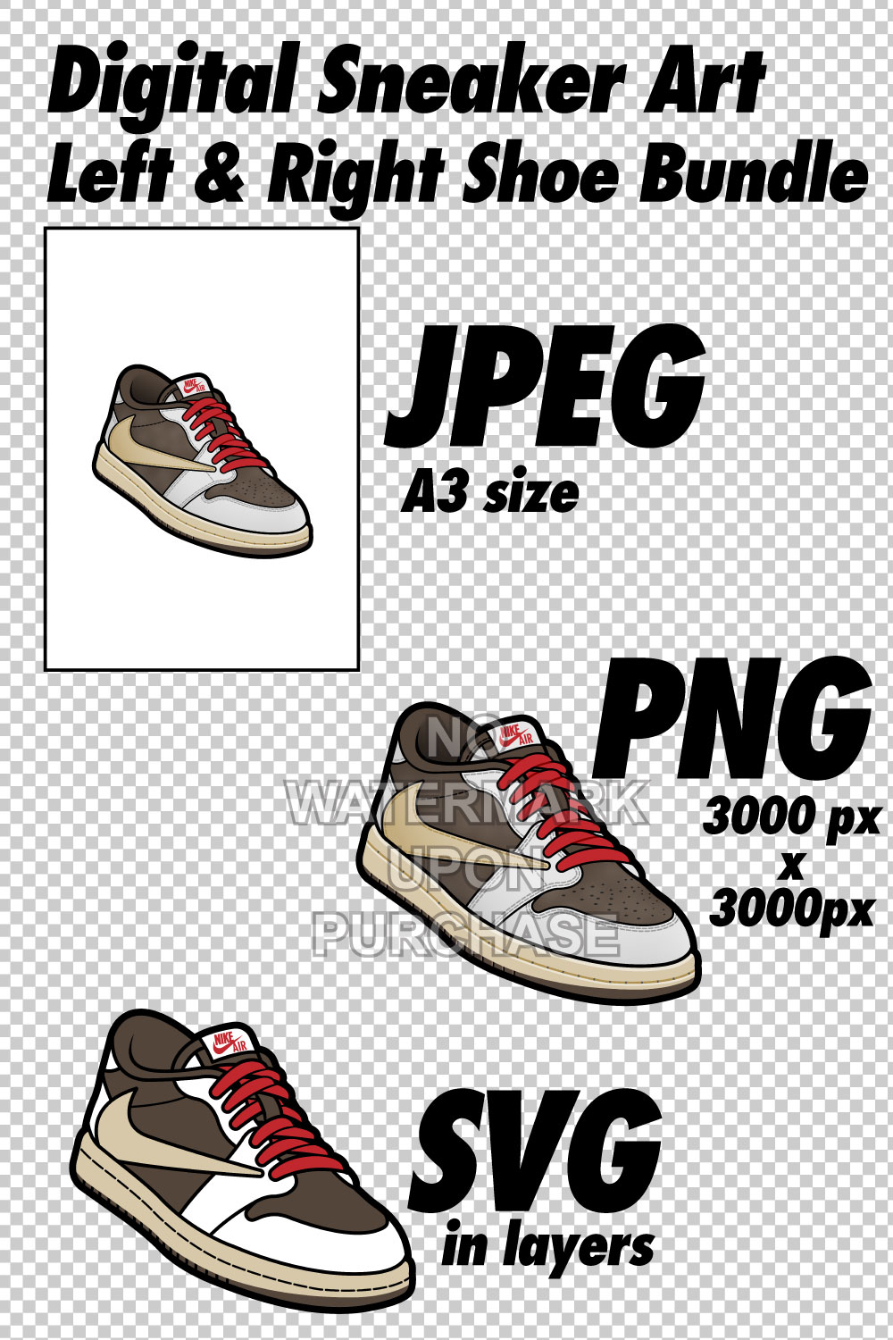 Air Jordan 1 Low Travis Scott Reverse Mocha JPEG PNG SVG Sneaker Art Right & Left Shoe Bundle pinterest preview image.