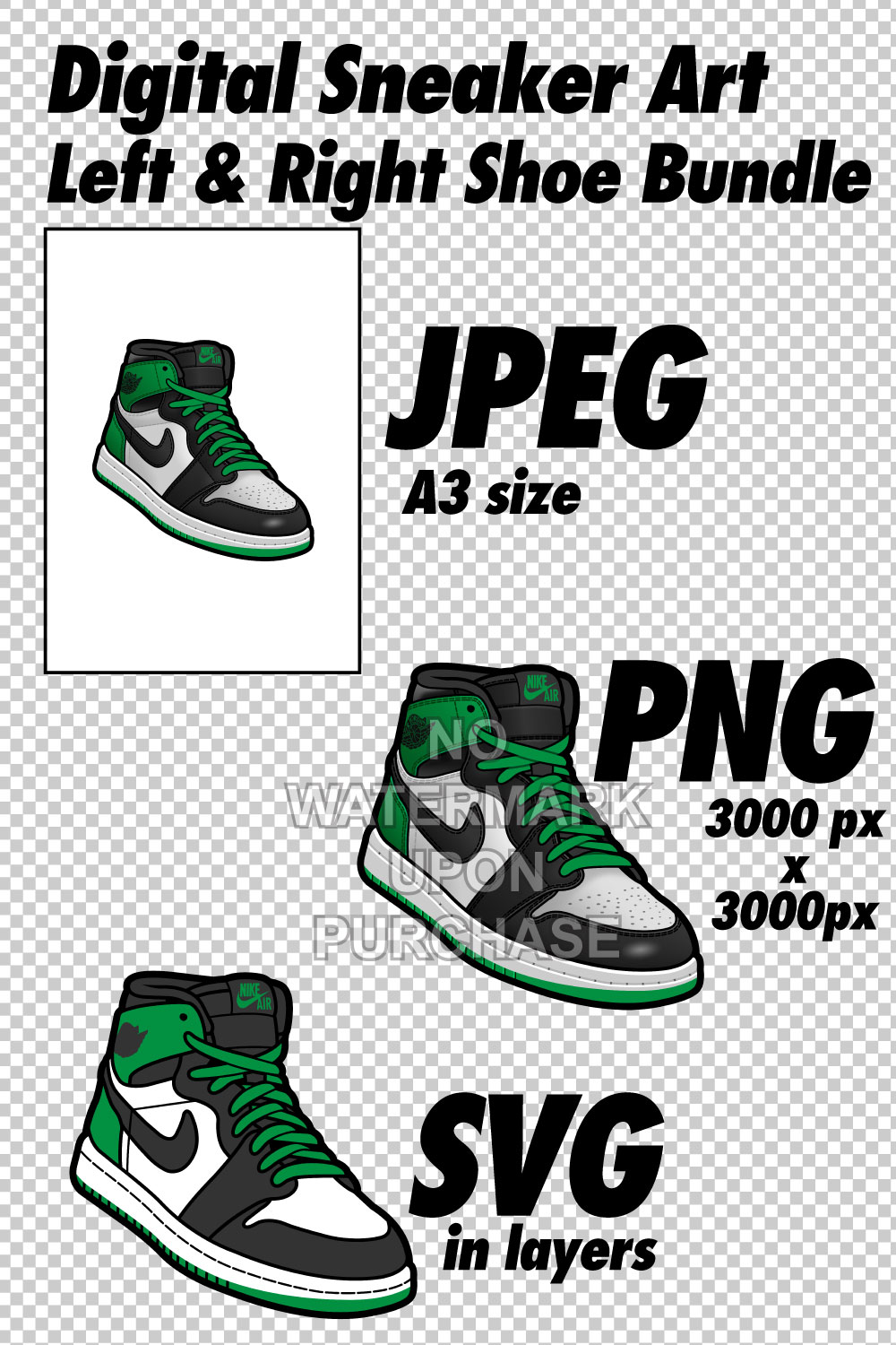Air Jordan 1 Lucky Green JPEG PNG SVG Sneaker Art right & left shoe bundle pinterest preview image.