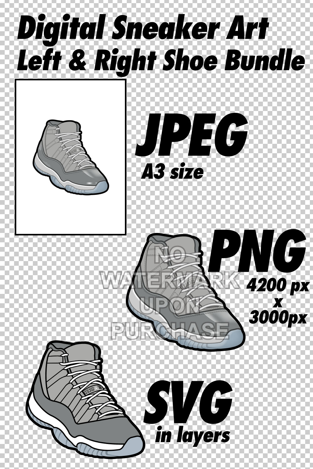 Air Jordan 11 Cool Grey JPEG PNG SVG right & left shoe bundle pinterest preview image.