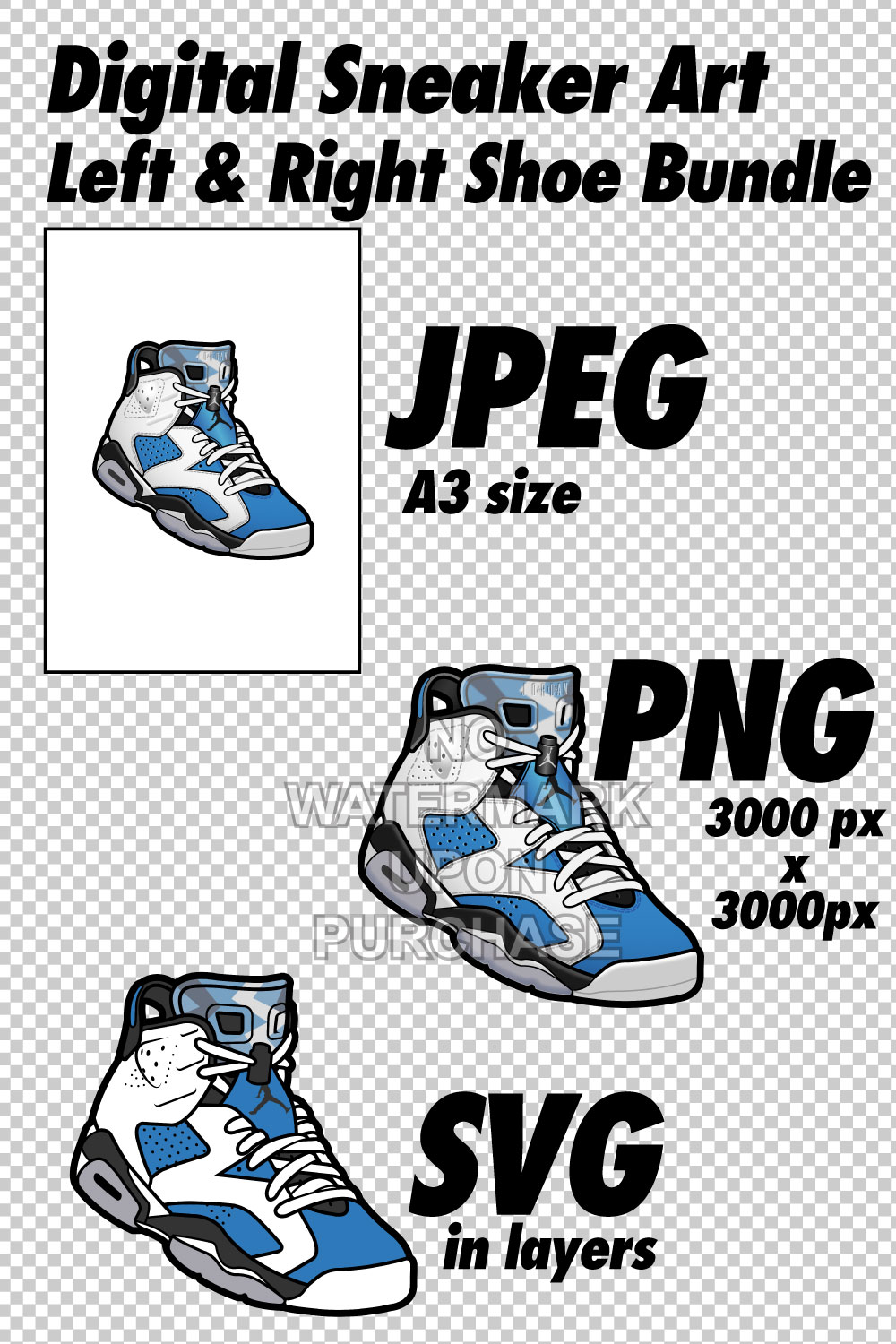 Air Jordan 6 White UNC JPEG PNG SVG right & left shoe bundle pinterest preview image.