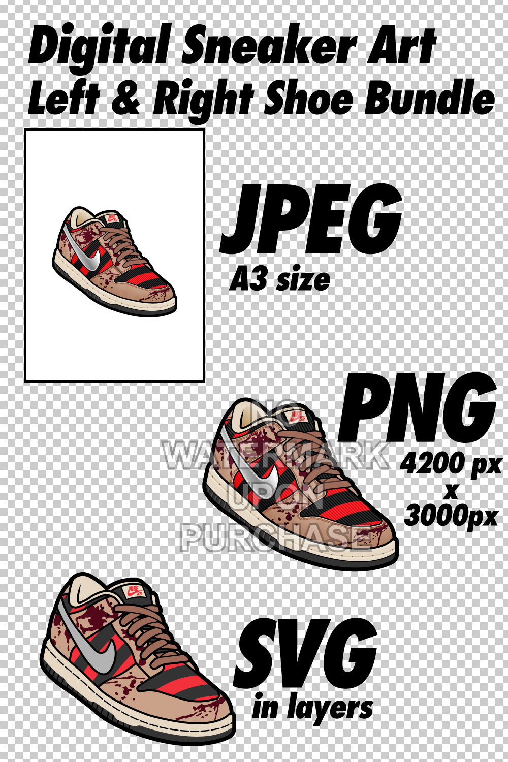 Dunk Low Freddy Krueger JPEG PNG SVG Left & Right bundle Sneaker Art digital download pinterest preview image.