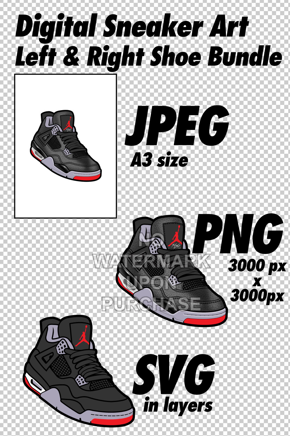 Air Jordan 4 Bred Reimagined JPEG PNG SVG Sneaker Art right & left shoe bundle pinterest preview image.