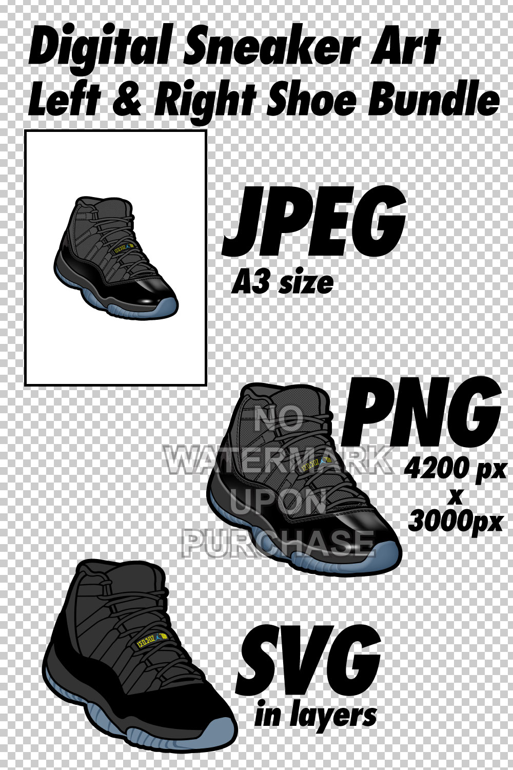 Air Jordan 11 Gamma Blue JPEG PNG SVG right & left shoe bundle Digital Download pinterest preview image.