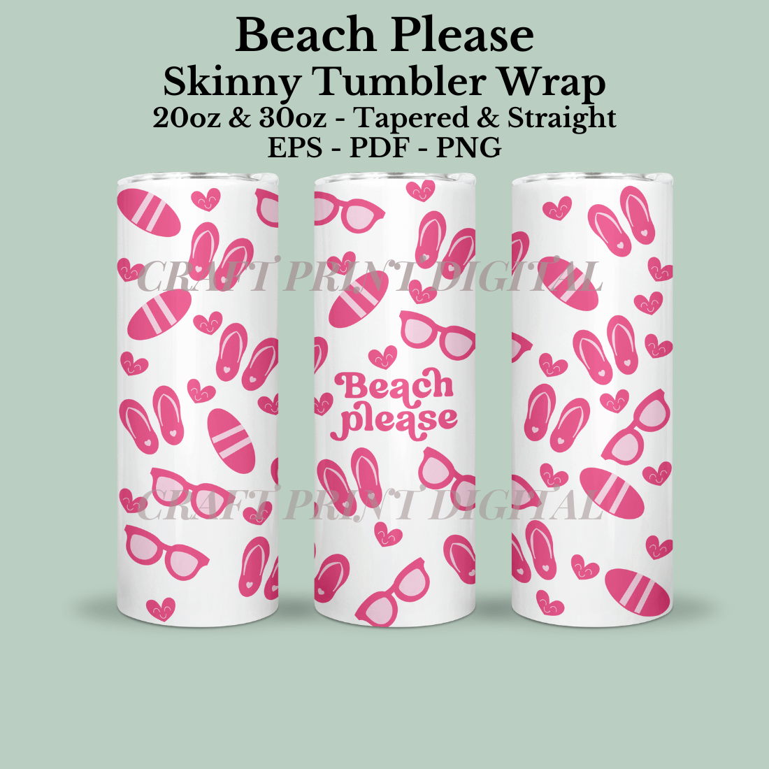Beach Skinny Tumbler 20oz & 30oz Sublimation Wrap Straight and Tapered PNG, PDF, EPS Instan Download Digital File pinterest preview image.