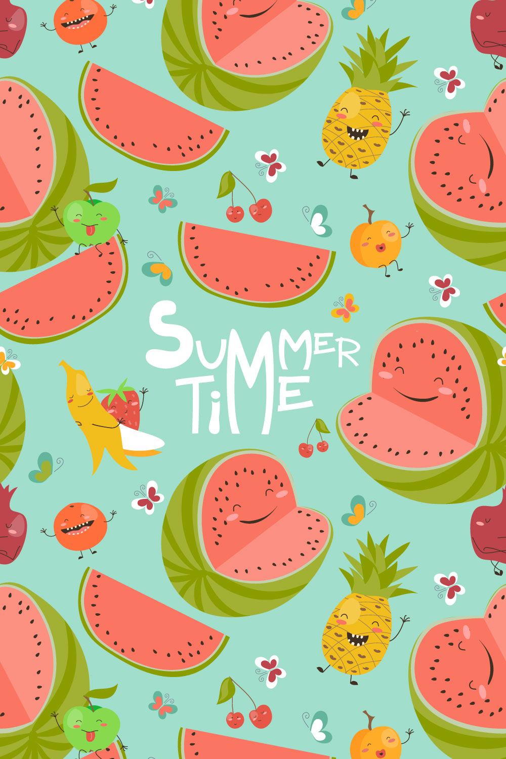 Seamless Pattern with Cute Summer Fruits pinterest preview image.
