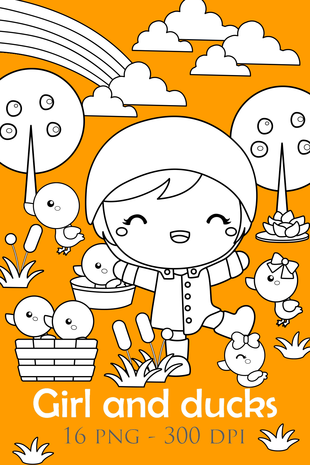 Cute and Happy Girls Kids and Animal Ducks Playing Activity Park Garden Nature in Yellow Theme Background Art Cartoon Digital Stamp Outline pinterest preview image.