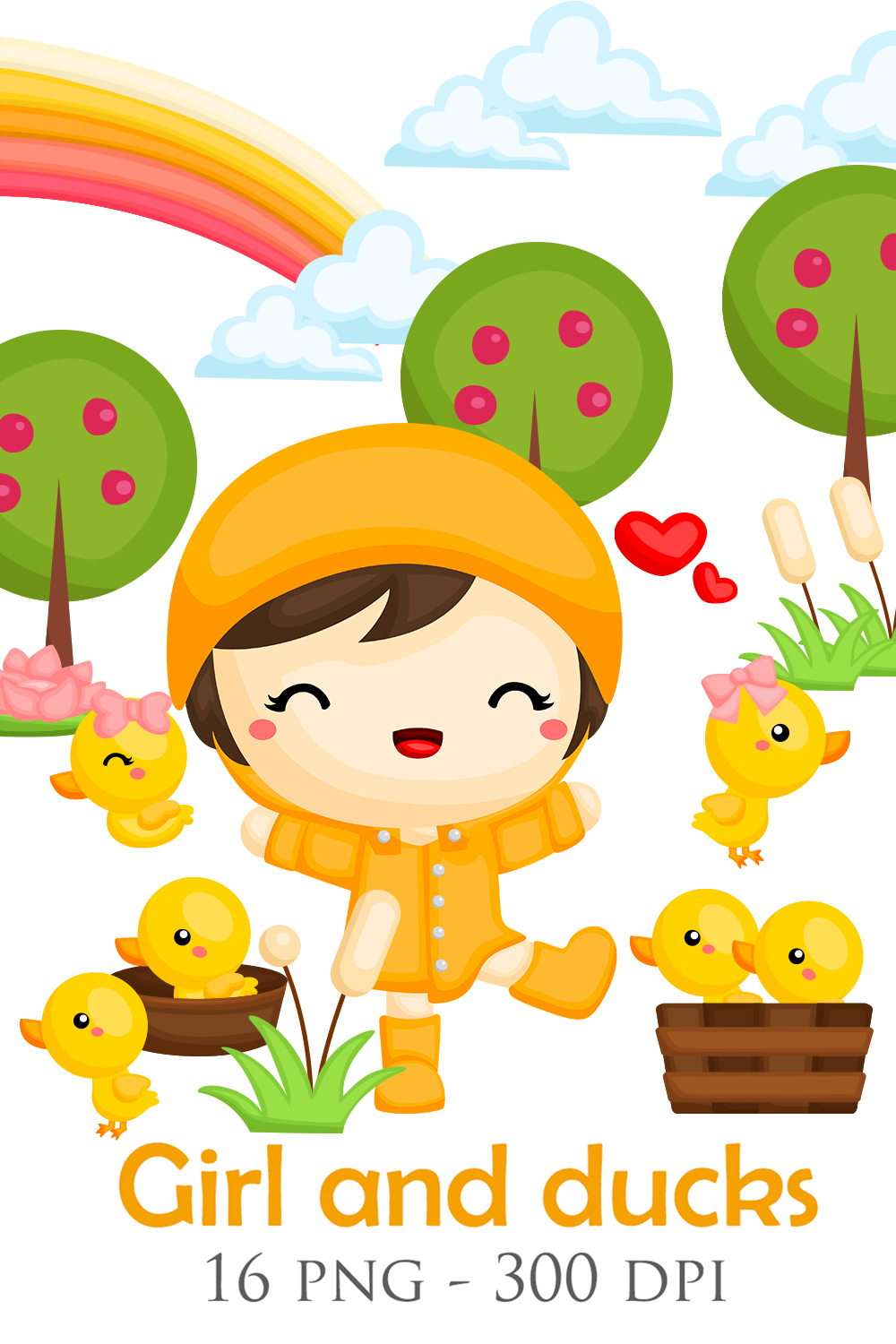 Cute and Happy Girls Kids and Animal Ducks Playing Activity Park Garden Nature in Yellow Theme Background Art Cartoon Illustration Vector Clipart Sticker Decoration pinterest preview image.