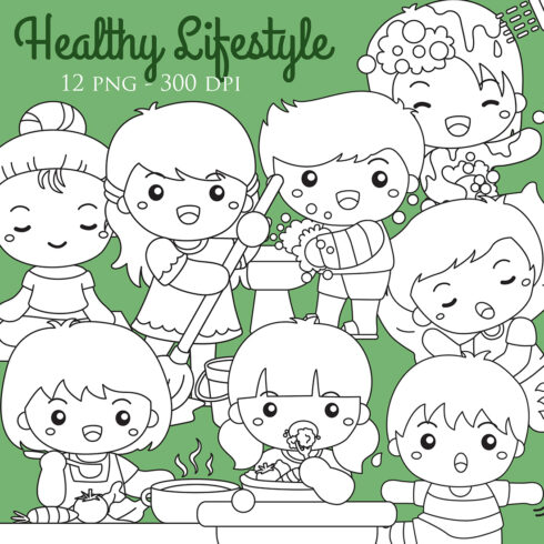 Cute Kids Doing Healthy Lifestyle Activity Yoga Eating Sleeping Exercise Workout Washing Hand Mopping Housework Bathing Studying Cooking Cartoon Digital Stamp Outline cover image.