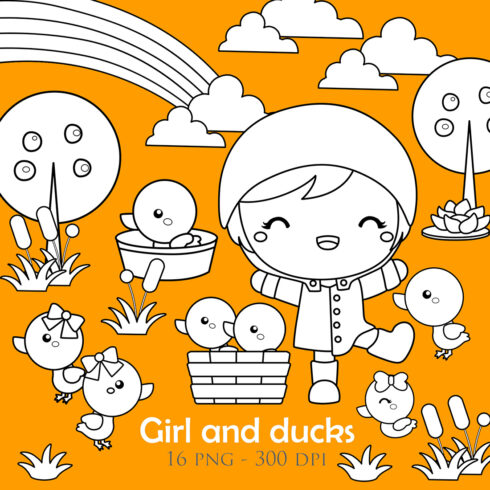 Cute and Happy Girls Kids and Animal Ducks Playing Activity Park Garden Nature in Yellow Theme Background Art Cartoon Digital Stamp Outline cover image.