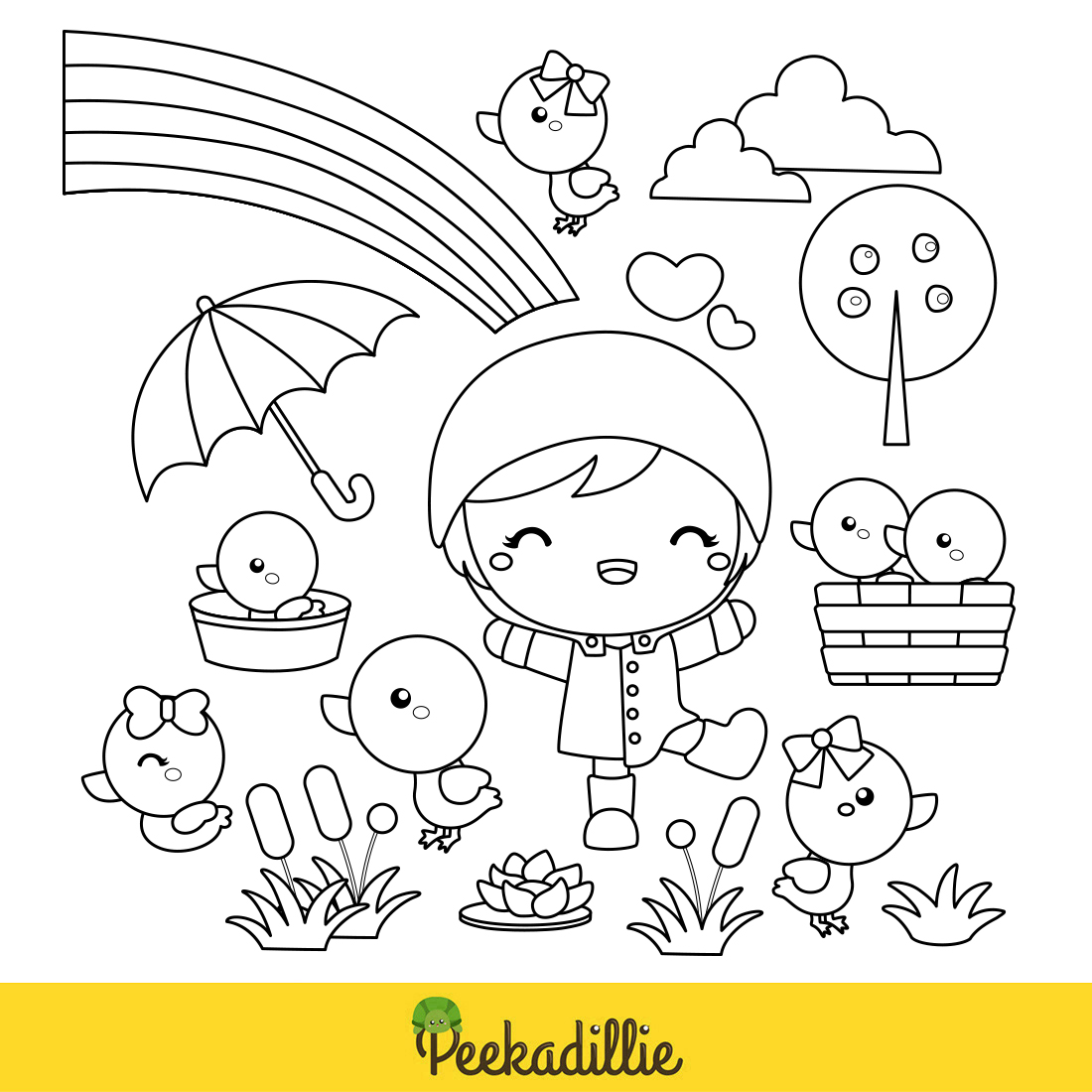 Cute and Happy Girls Kids and Animal Ducks Playing Activity Park Garden Nature in Yellow Theme Background Art Cartoon Digital Stamp Outline preview image.