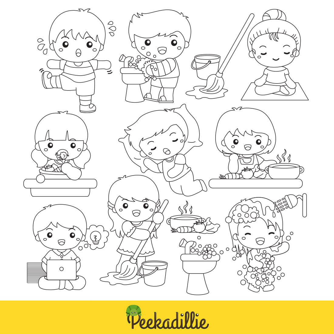 Cute Kids Doing Healthy Lifestyle Activity Yoga Eating Sleeping Exercise Workout Washing Hand Mopping Housework Bathing Studying Cooking Cartoon Digital Stamp Outline preview image.