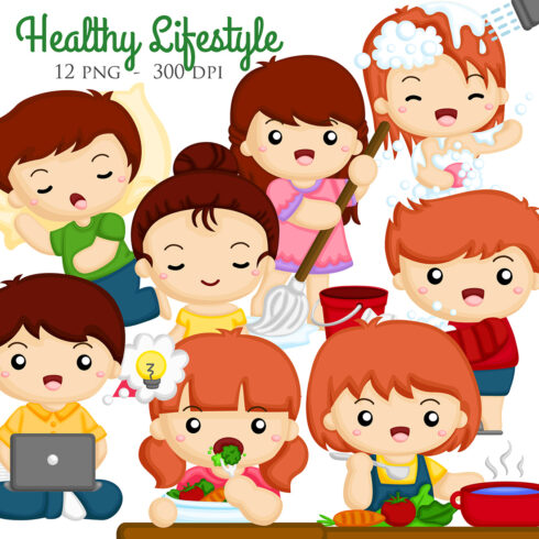 Cute Kids Doing Healthy Lifestyle Activity Yoga Eating Sleeping Exercise Workout Washing Hand Mopping Housework Bathing Studying Cooking Cartoon Illustration Vector Clipart Sticker Decoration Background cover image.
