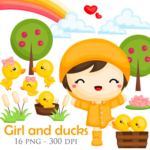 Cute and Happy Girls Kids and Animal Ducks Playing Activity Park Garden Nature in Yellow Theme Background Art Cartoon Illustration Vector Clipart Sticker Decoration cover image.