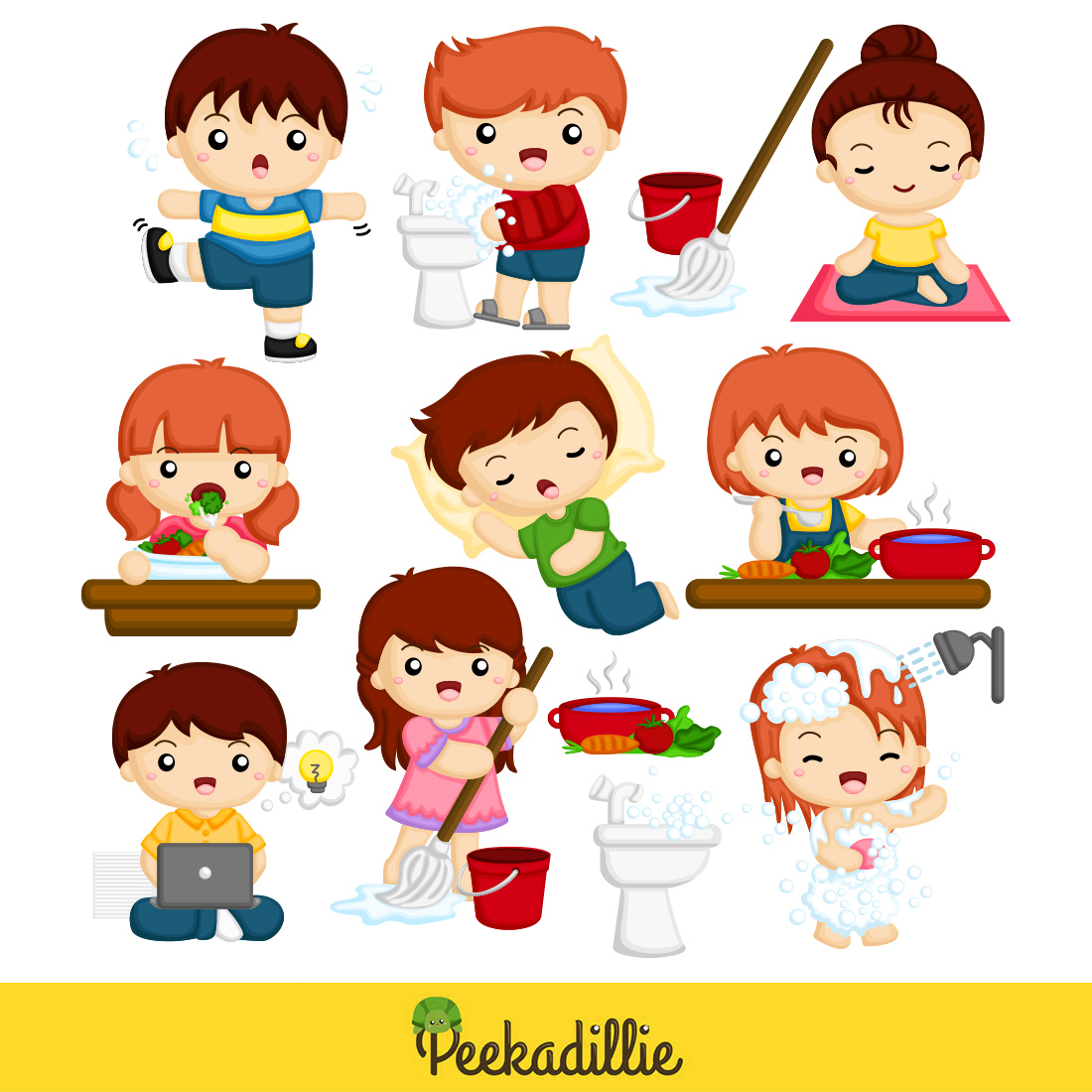 Cute Kids Doing Healthy Lifestyle Activity Yoga Eating Sleeping Exercise Workout Washing Hand Mopping Housework Bathing Studying Cooking Cartoon Illustration Vector Clipart Sticker Decoration Background preview image.