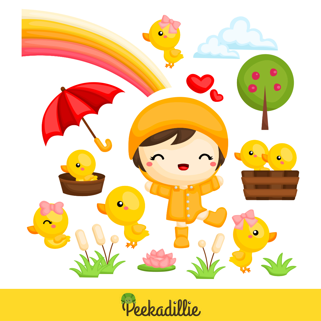 Cute and Happy Girls Kids and Animal Ducks Playing Activity Park Garden Nature in Yellow Theme Background Art Cartoon Illustration Vector Clipart Sticker Decoration preview image.