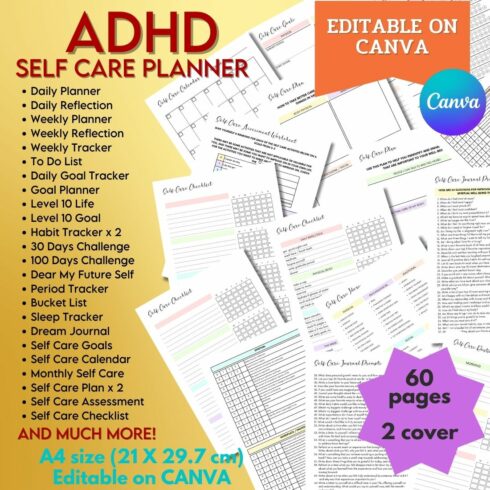 ADHD Self Care Planner - Canva Template cover image.