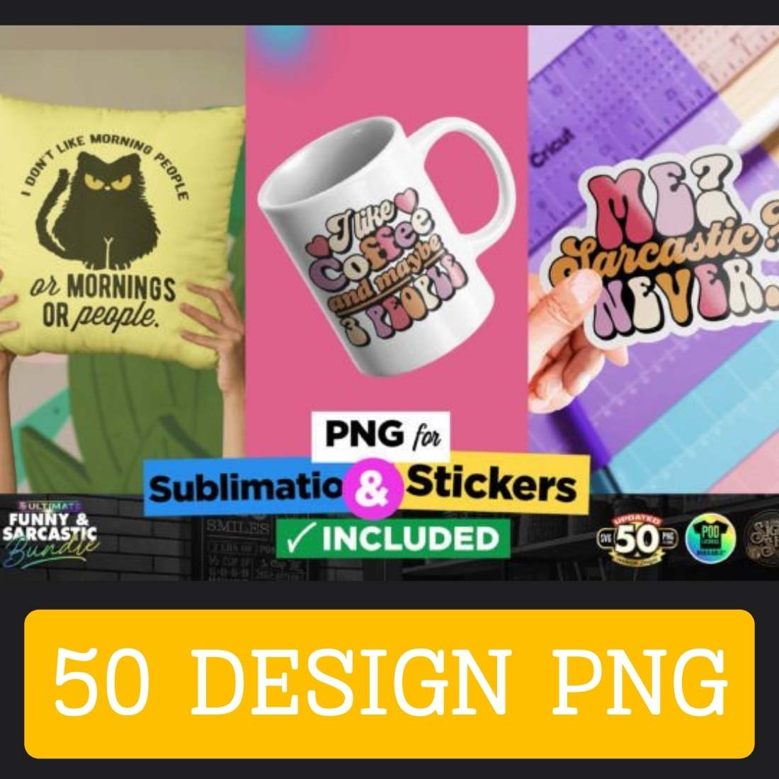 50 designs ready to print preview image.