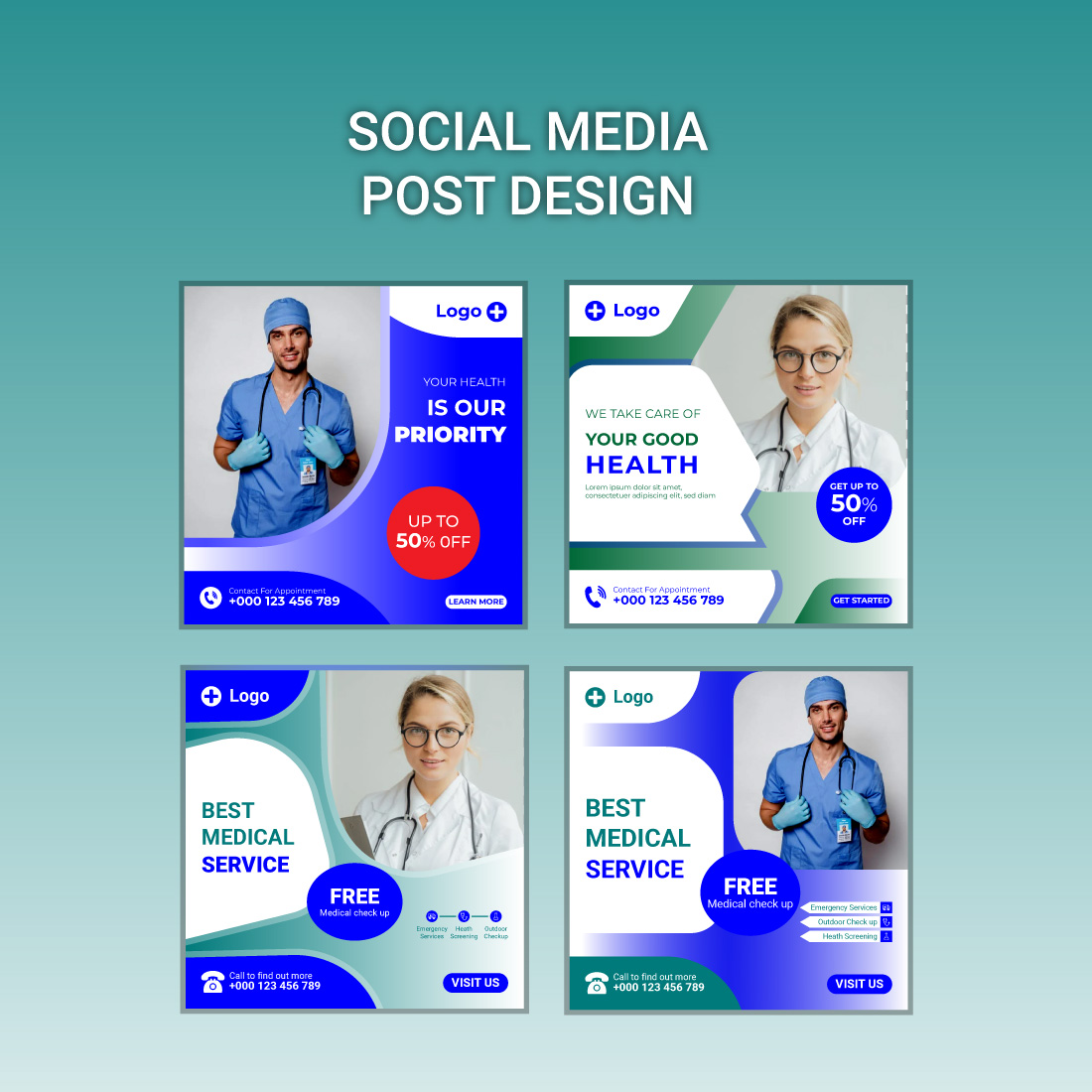 Medical and Healthcare Social Media Posts Design Template preview image.